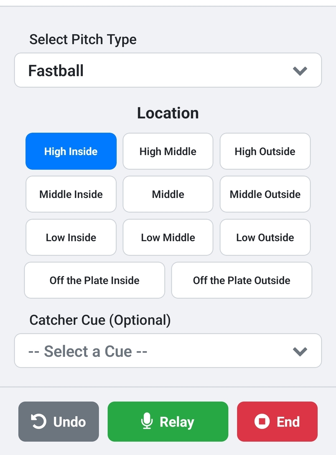 App's main pitch-calling screen